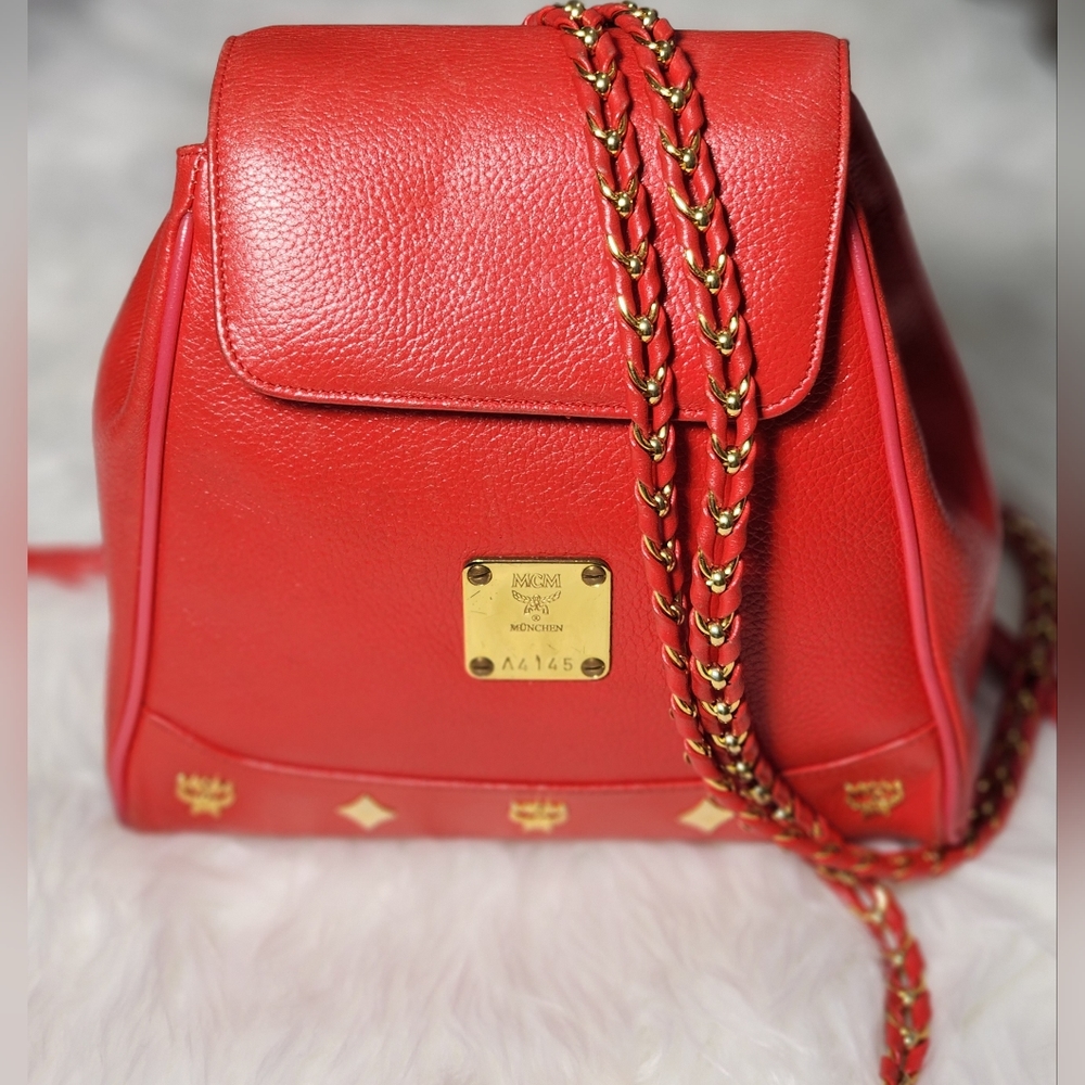 MCM Vintage Red Leather Braided Chain Small Backpack